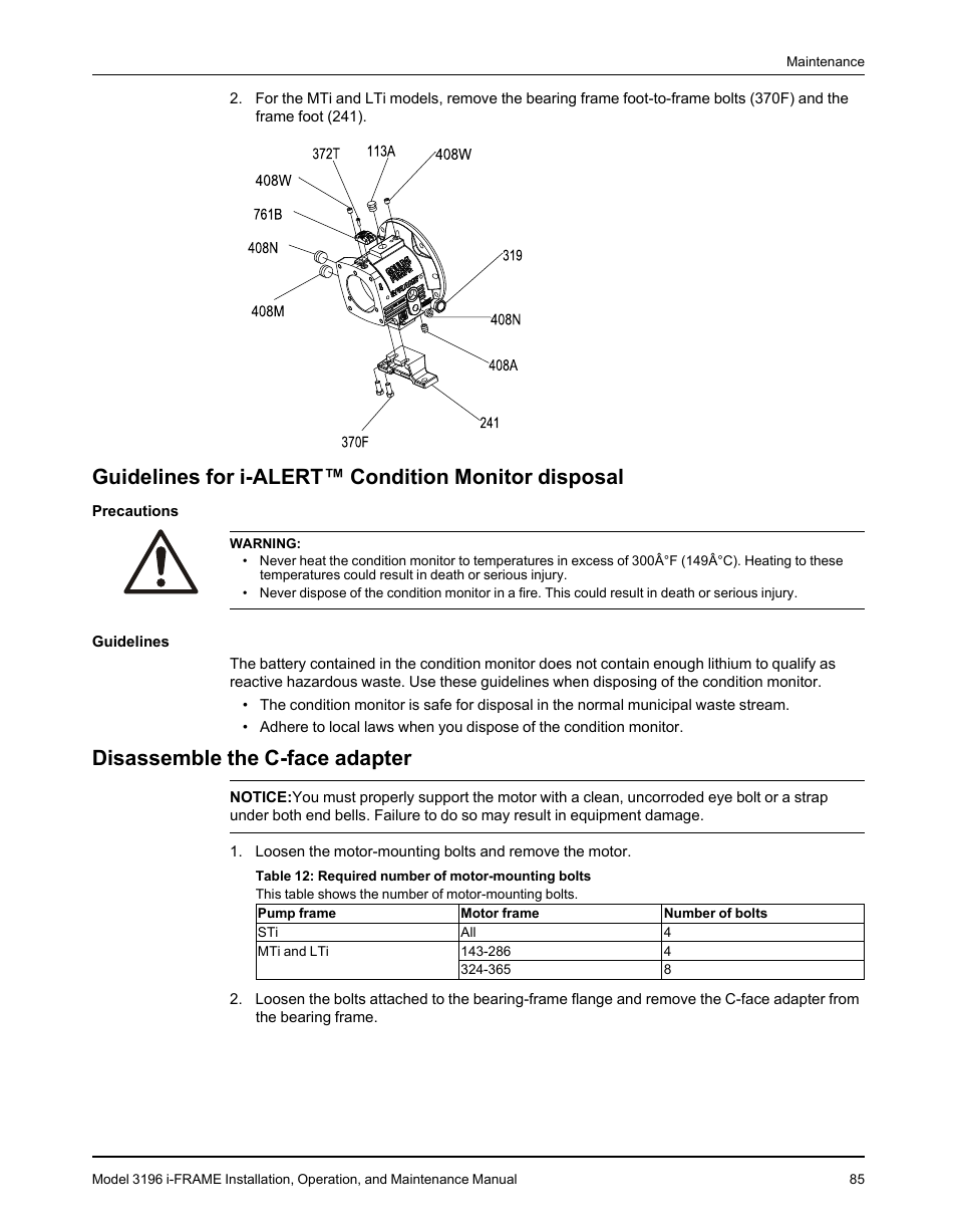 Guidelines for i-alert™ condition monitor disposal, Disassemble the c-face adapter | Goulds Pumps 3196 i-FRAME - IOM User Manual | Page 87 / 152