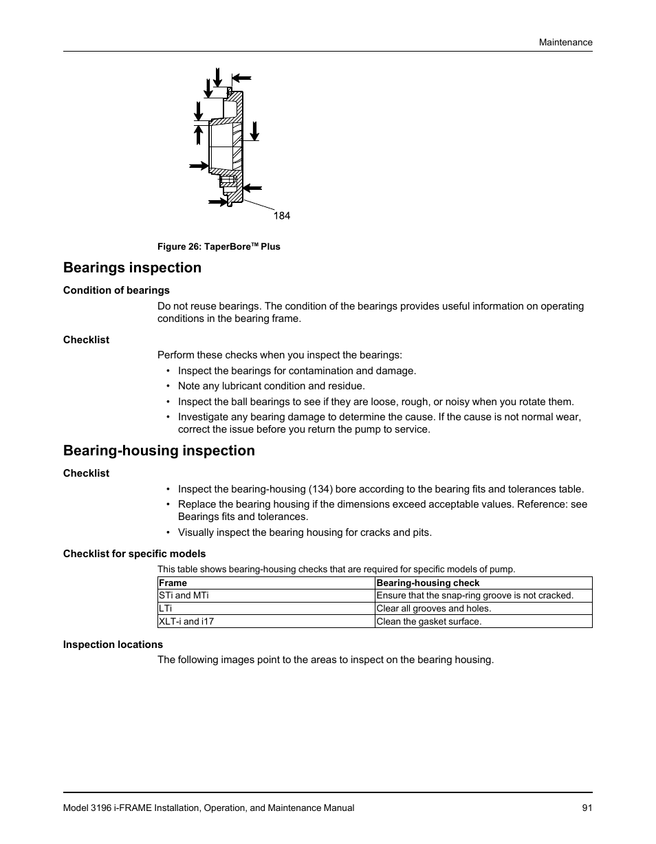 Bearings inspection, Bearing-housing inspection, Bearings inspection bearing-housing inspection | Goulds Pumps 3196 i-FRAME - IOM User Manual | Page 93 / 152