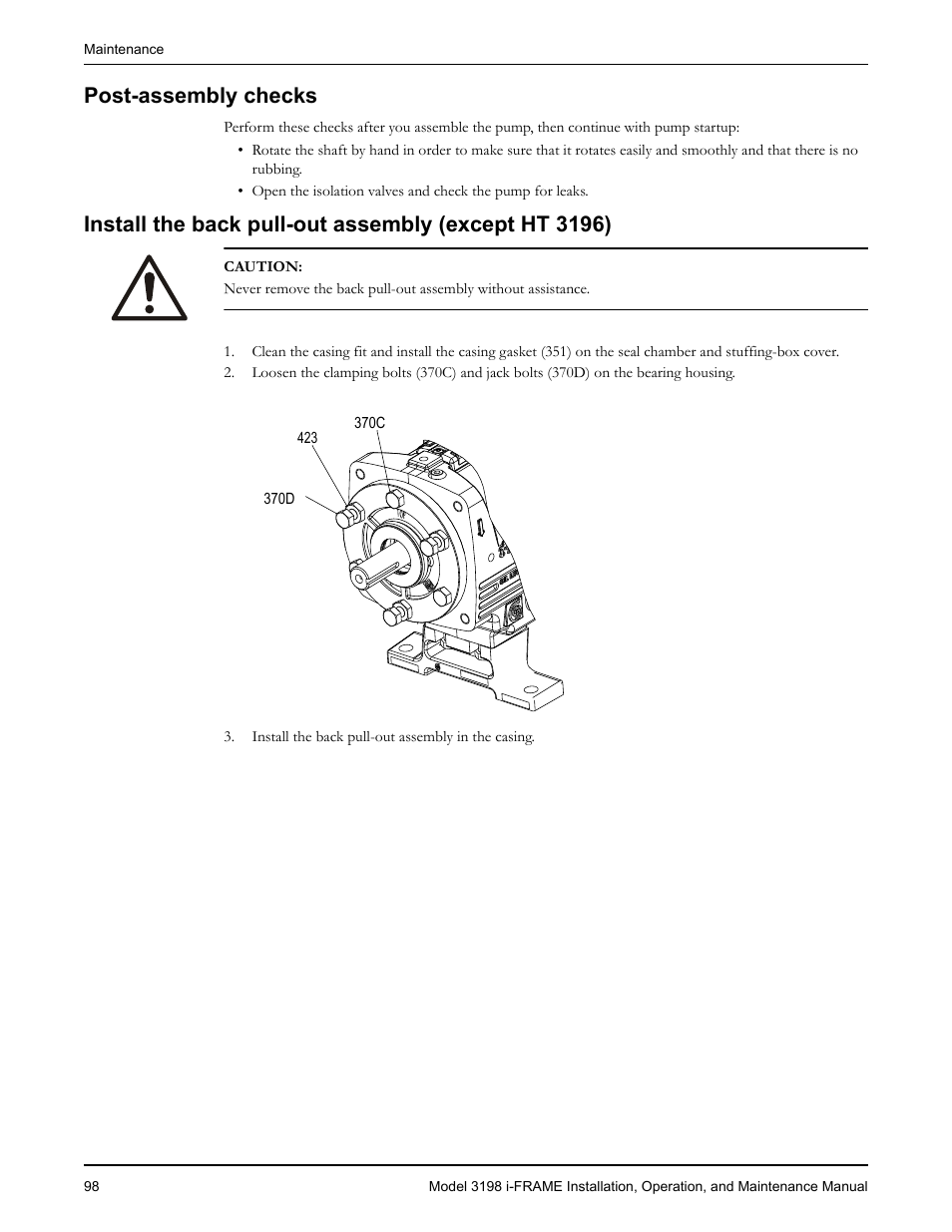 Post-assembly checks | Goulds Pumps 3198 i-FRAME - IOM User Manual | Page 100 / 126