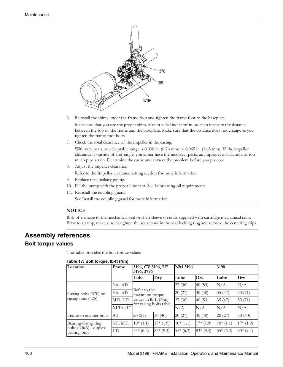 Assembly references, Bolt torque values | Goulds Pumps 3198 i-FRAME - IOM User Manual | Page 102 / 126