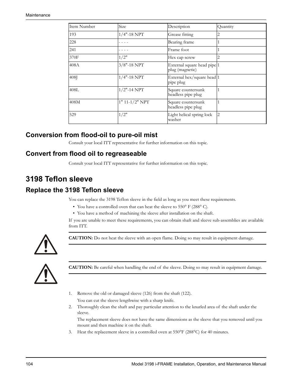 Conversion from flood-oil to pure-oil mist, Convert from flood oil to regreaseable, 3198 teflon sleeve | Replace the 3198 teflon sleeve, Place the 3198 teflon sleeve | Goulds Pumps 3198 i-FRAME - IOM User Manual | Page 106 / 126