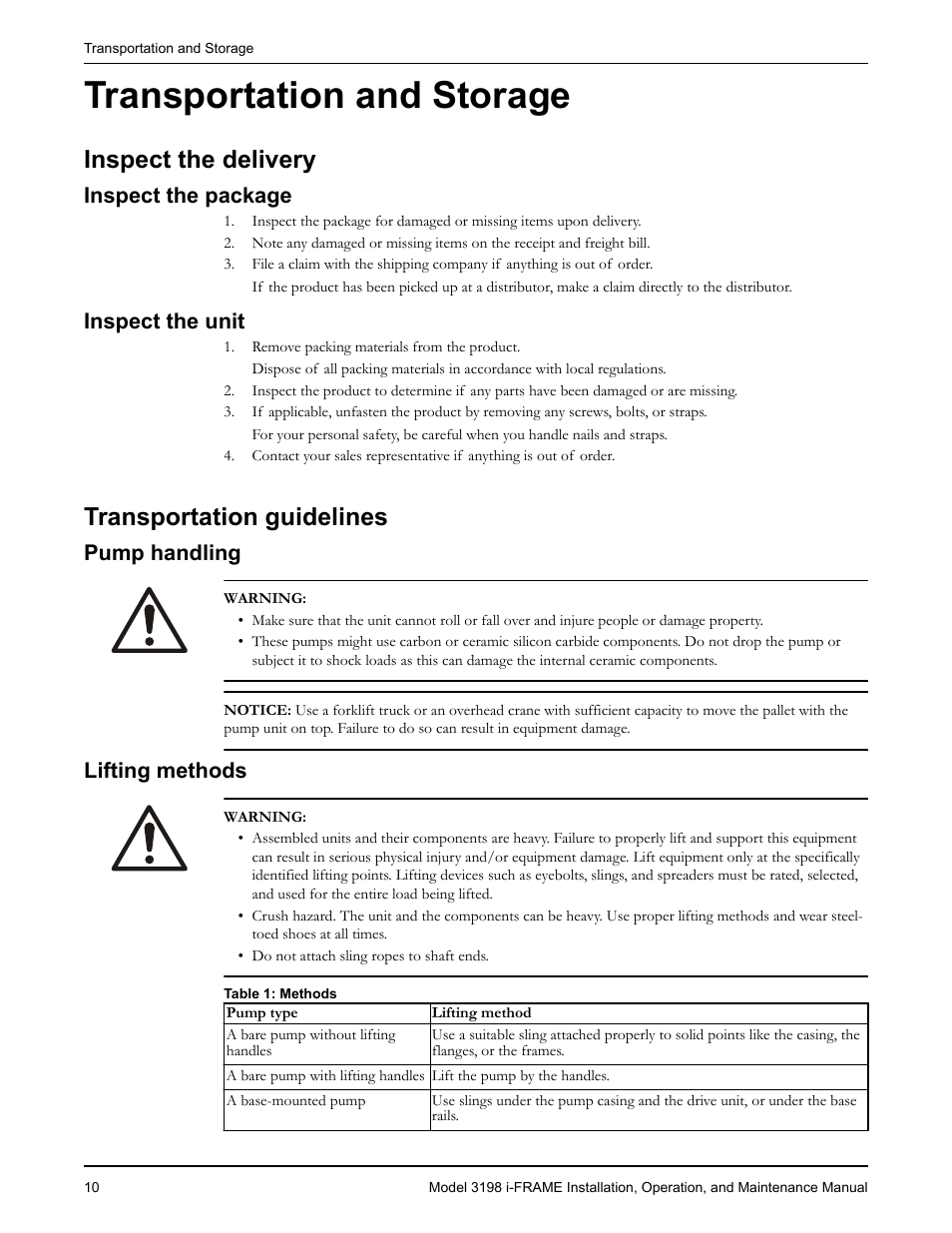 Transportation and storage, Inspect the delivery, Inspect the package | Inspect the unit, Transportation guidelines, Pump handling, Lifting methods, Ransportation and storage, Inspect the package inspect the unit, Ransportation guidelines | Goulds Pumps 3198 i-FRAME - IOM User Manual | Page 12 / 126
