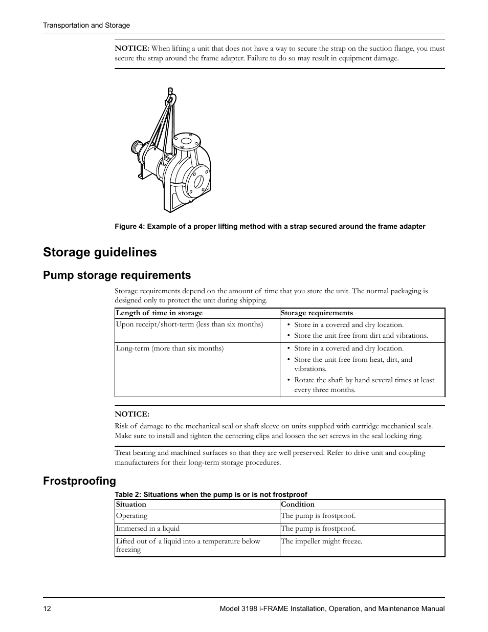 Storage guidelines, Pump storage requirements, Frostproofing | Rostproofing | Goulds Pumps 3198 i-FRAME - IOM User Manual | Page 14 / 126
