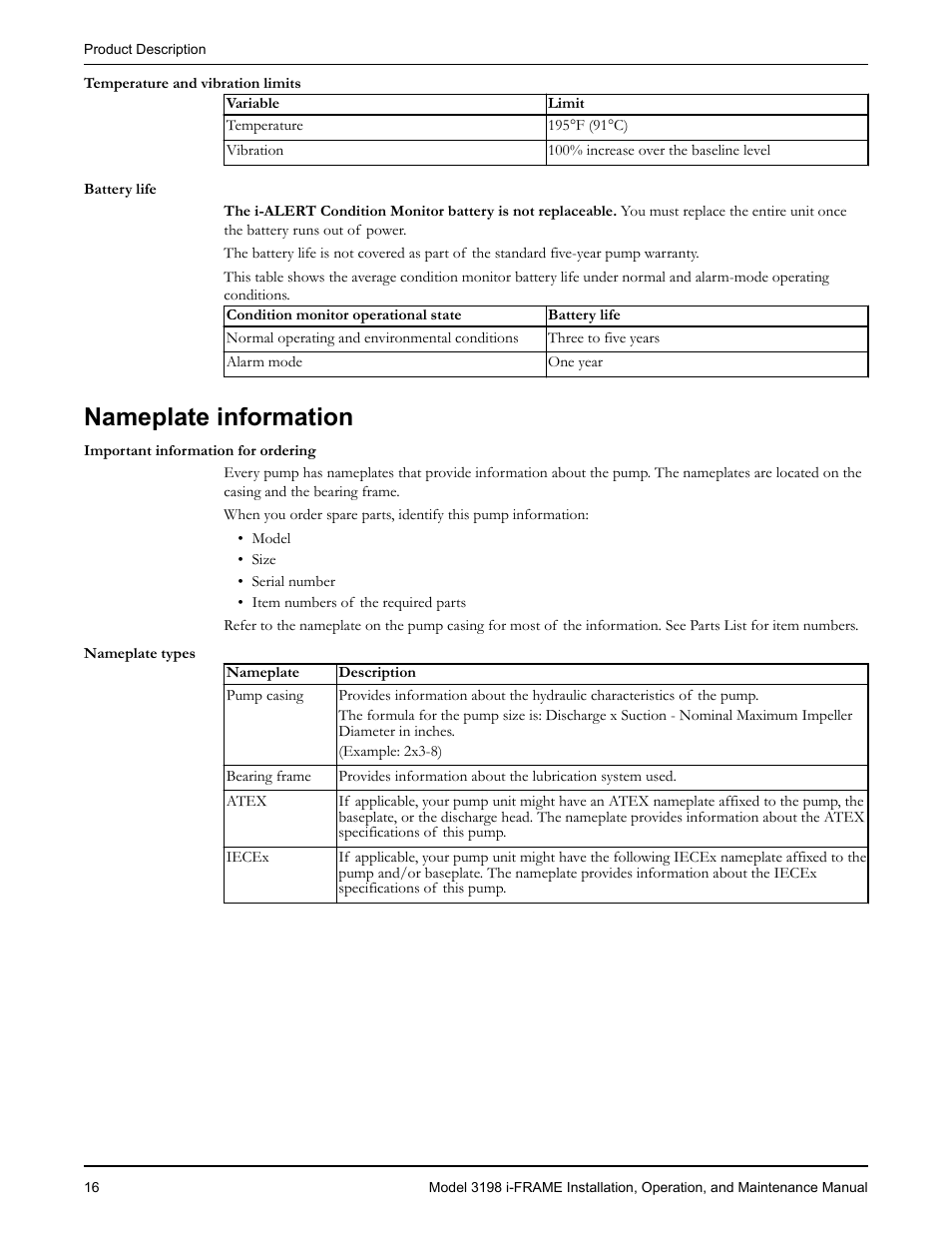 Nameplate information | Goulds Pumps 3198 i-FRAME - IOM User Manual | Page 18 / 126
