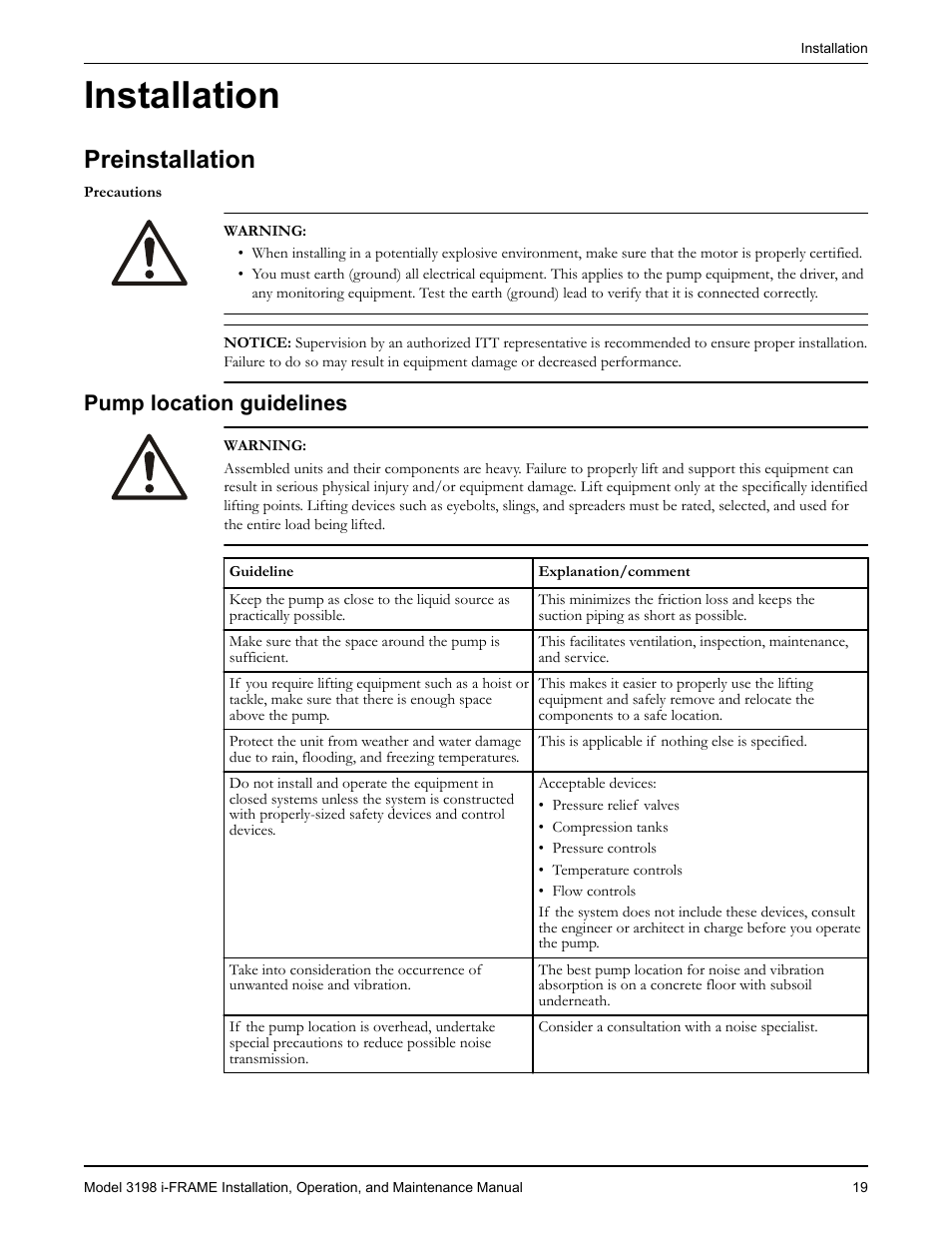 Installation, Preinstallation, Pump location guidelines | Goulds Pumps 3198 i-FRAME - IOM User Manual | Page 21 / 126