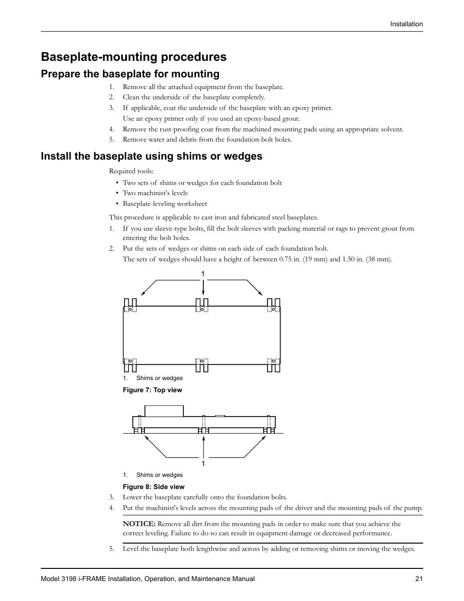 Baseplate-mounting procedures, Prepare the baseplate for mounting, Install the baseplate using shims or wedges | Goulds Pumps 3198 i-FRAME - IOM User Manual | Page 23 / 126