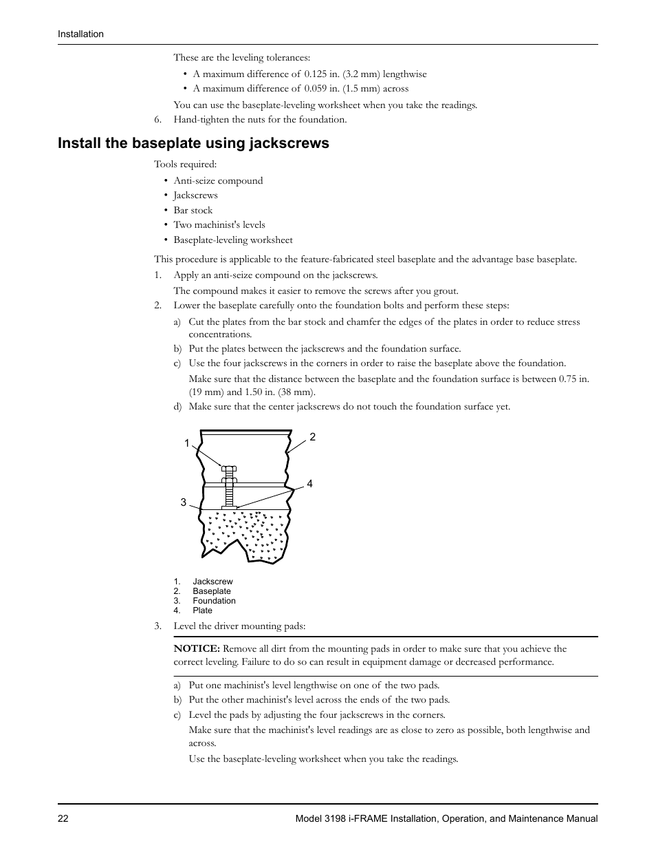 Install the baseplate using jackscrews | Goulds Pumps 3198 i-FRAME - IOM User Manual | Page 24 / 126