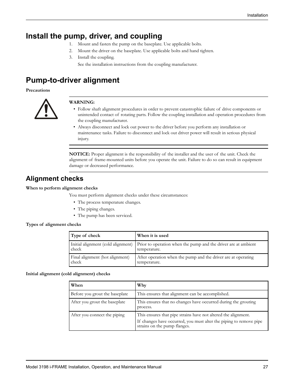 Install the pump, driver, and coupling, Pump-to-driver alignment, Alignment checks | Goulds Pumps 3198 i-FRAME - IOM User Manual | Page 29 / 126