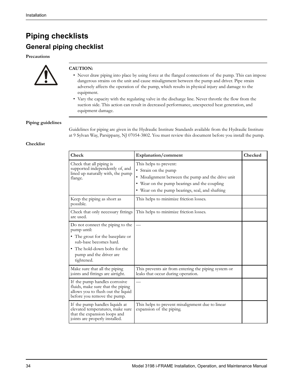 Piping checklists, General piping checklist | Goulds Pumps 3198 i-FRAME - IOM User Manual | Page 36 / 126