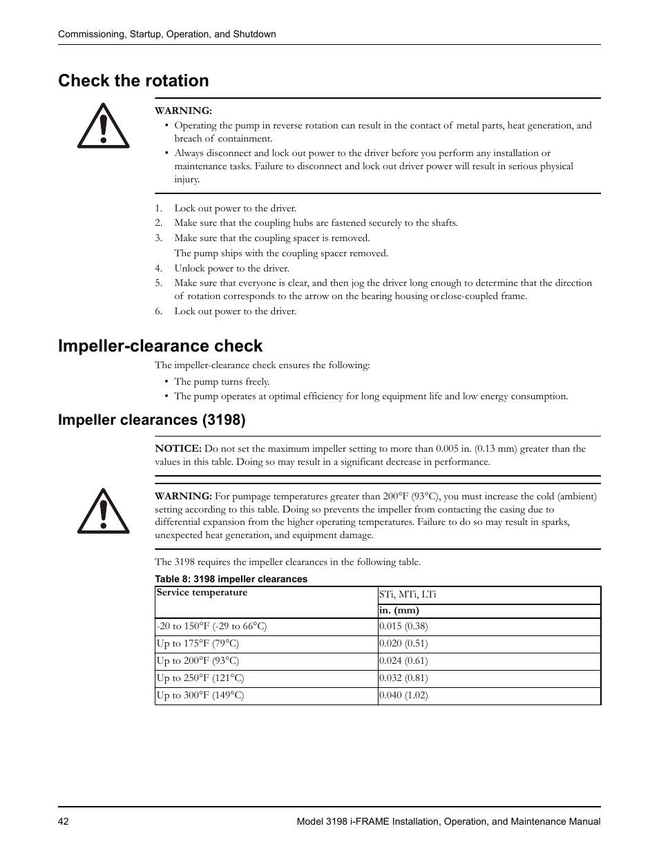 Check the rotation, Impeller-clearance check, Impeller clearances (3198) | Check the rotation impeller-clearance check | Goulds Pumps 3198 i-FRAME - IOM User Manual | Page 44 / 126