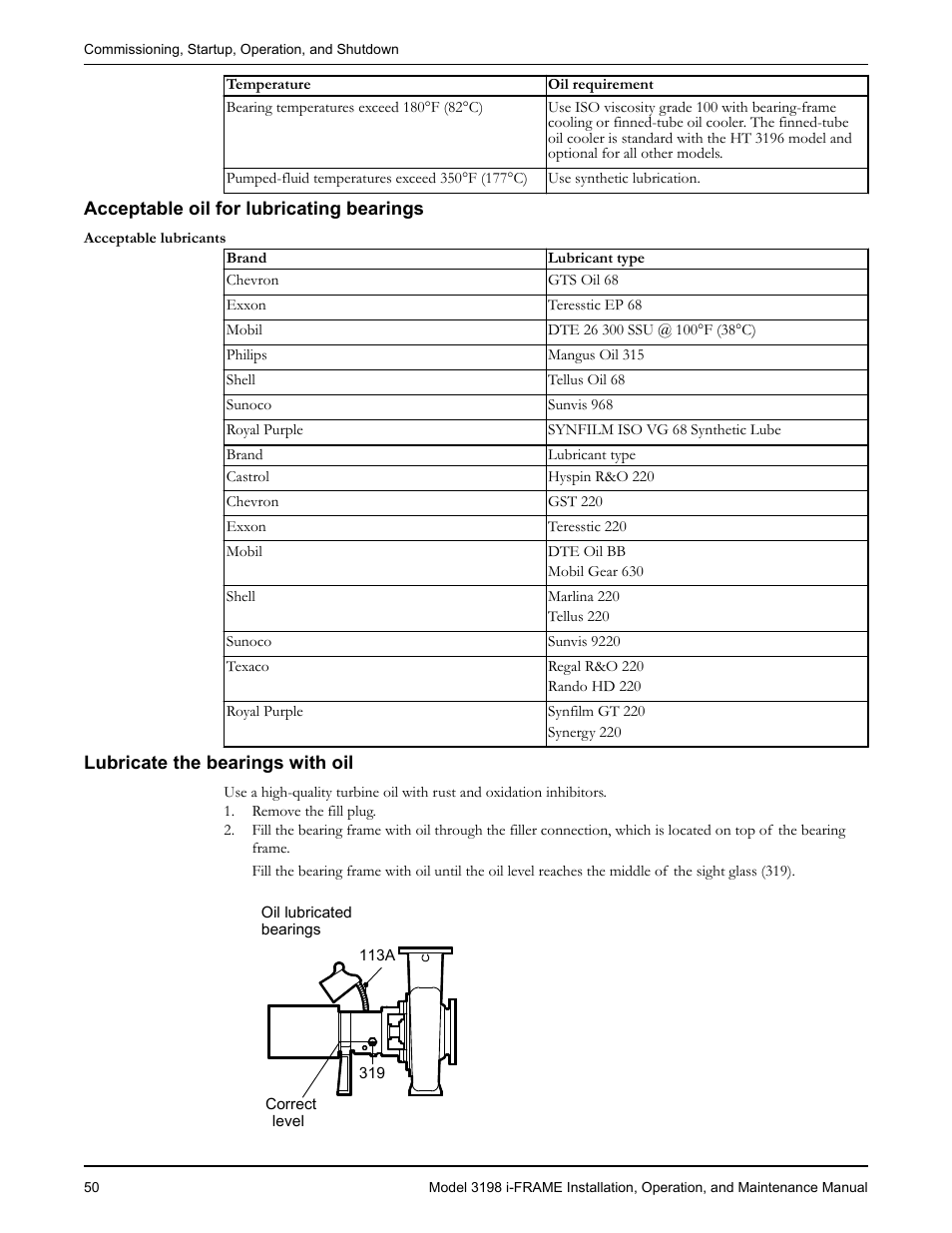 Acceptable oil for lubricating bearings, Lubricate the bearings with oil | Goulds Pumps 3198 i-FRAME - IOM User Manual | Page 52 / 126