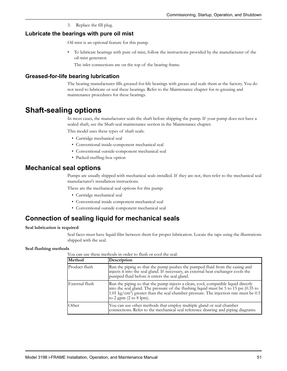 Lubricate the bearings with pure oil mist, Greased-for-life bearing lubrication, Shaft-sealing options | Mechanical seal options, Connection of sealing liquid for mechanical seals | Goulds Pumps 3198 i-FRAME - IOM User Manual | Page 53 / 126