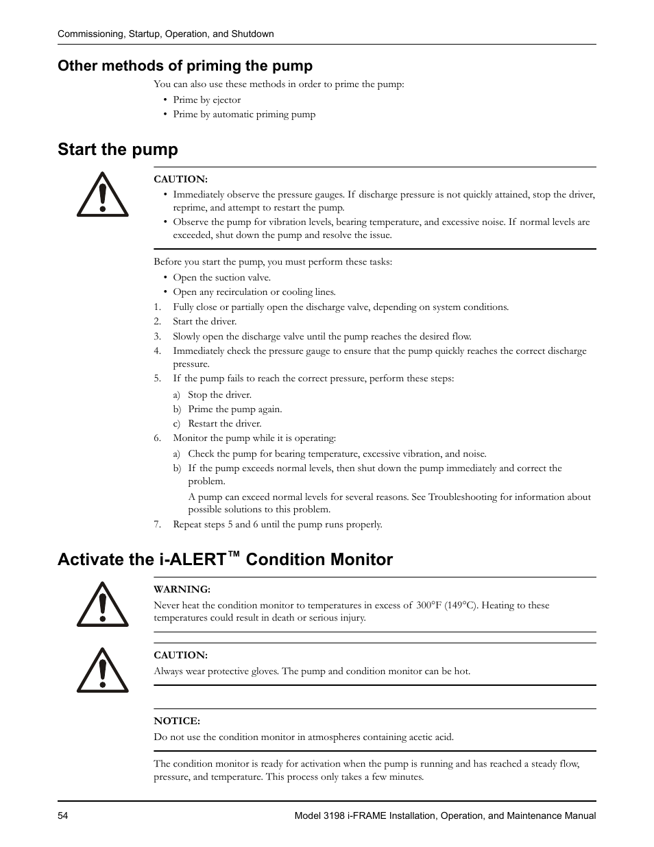 Other methods of priming the pump, Start the pump, Activate the i-alert™ condition monitor | Start the pump activate the i-alert, Condition monitor, Activate the i-alert | Goulds Pumps 3198 i-FRAME - IOM User Manual | Page 56 / 126