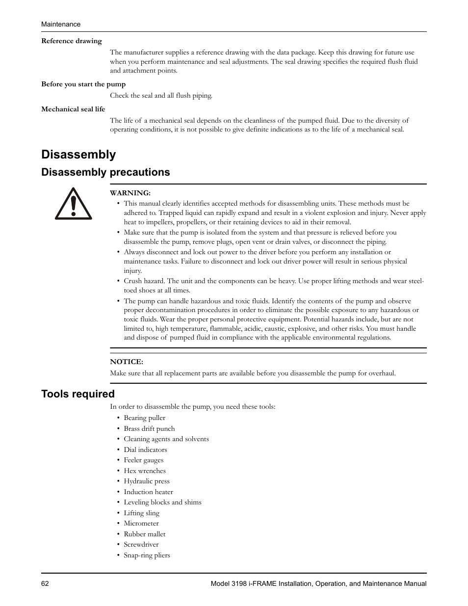 Disassembly, Disassembly precautions, Tools required | Ools required | Goulds Pumps 3198 i-FRAME - IOM User Manual | Page 64 / 126