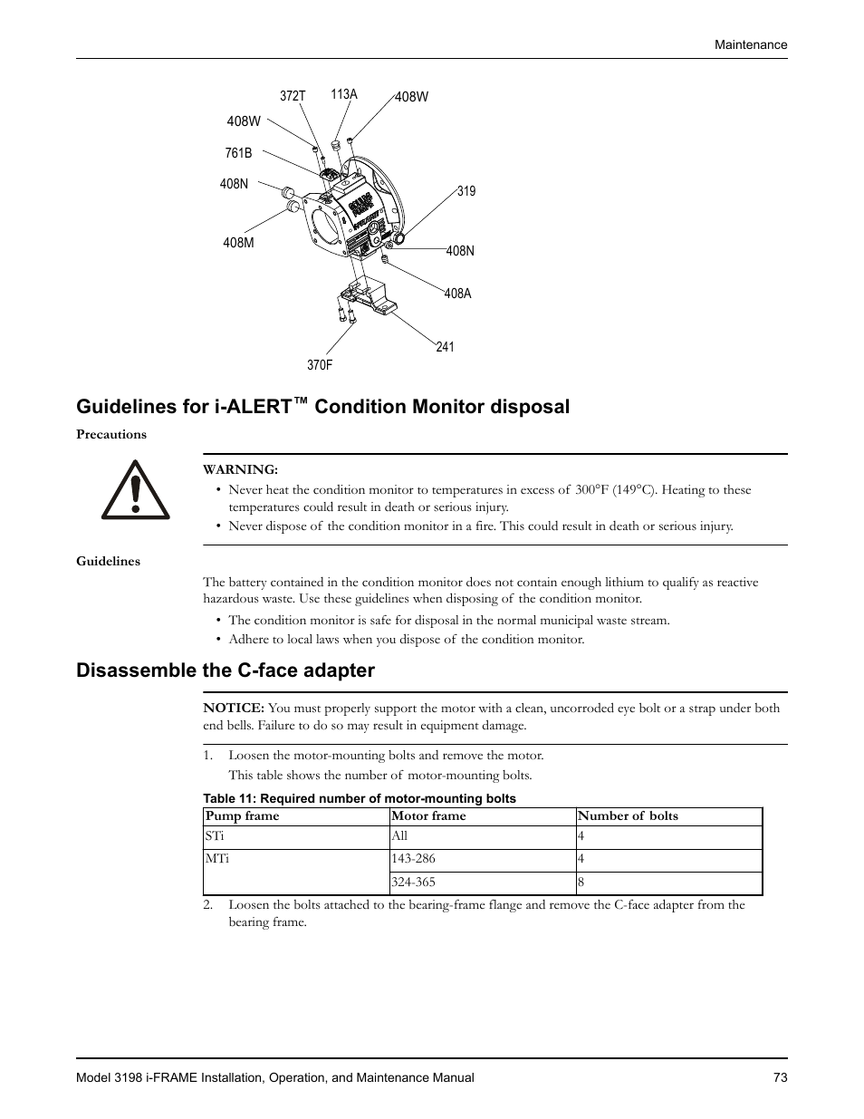 Guidelines for i-alert™ condition monitor disposal, Disassemble the c-face adapter, Guidelines for i-alert | Condition monitor disposal | Goulds Pumps 3198 i-FRAME - IOM User Manual | Page 75 / 126