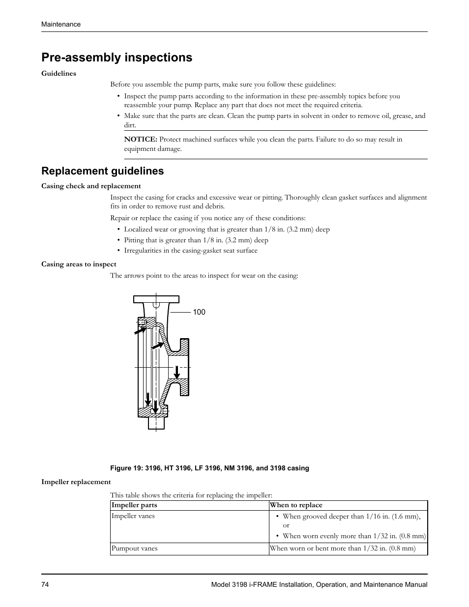 Pre-assembly inspections, Replacement guidelines, Placement guidelines | Goulds Pumps 3198 i-FRAME - IOM User Manual | Page 76 / 126