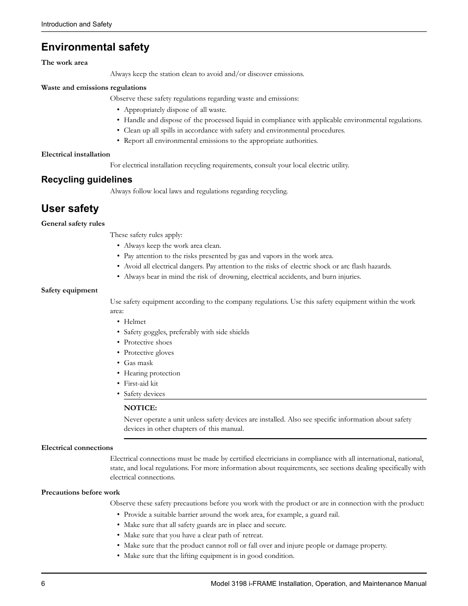 Environmental safety, Recycling guidelines, User safety | Precautions before work, Vironmental safety user safety | Goulds Pumps 3198 i-FRAME - IOM User Manual | Page 8 / 126