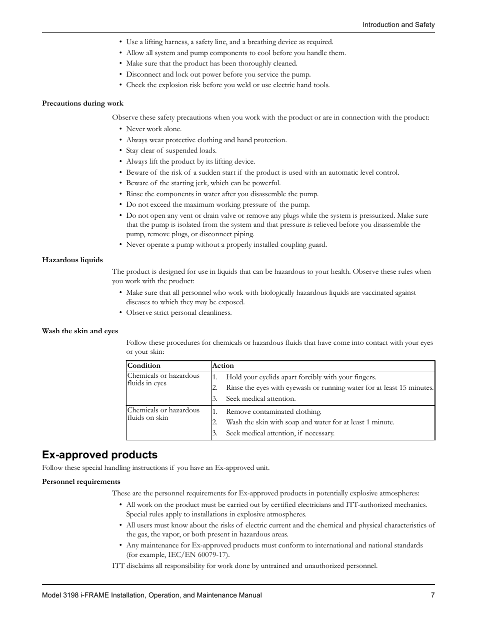 Precautions during work, Hazardous liquids, Wash the skin and eyes | Ex-approved products | Goulds Pumps 3198 i-FRAME - IOM User Manual | Page 9 / 126