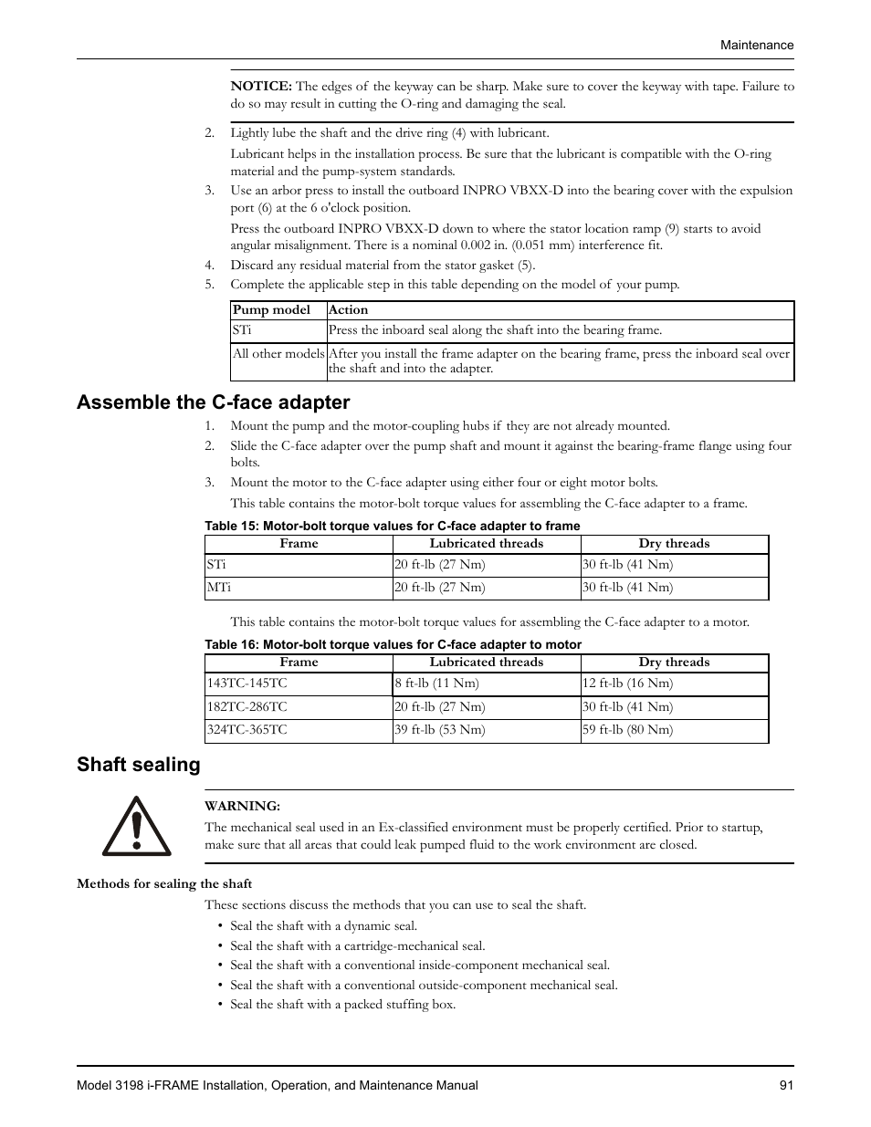 Assemble the c-face adapter, Shaft sealing, Assemble the c-face adapter shaft sealing | Goulds Pumps 3198 i-FRAME - IOM User Manual | Page 93 / 126