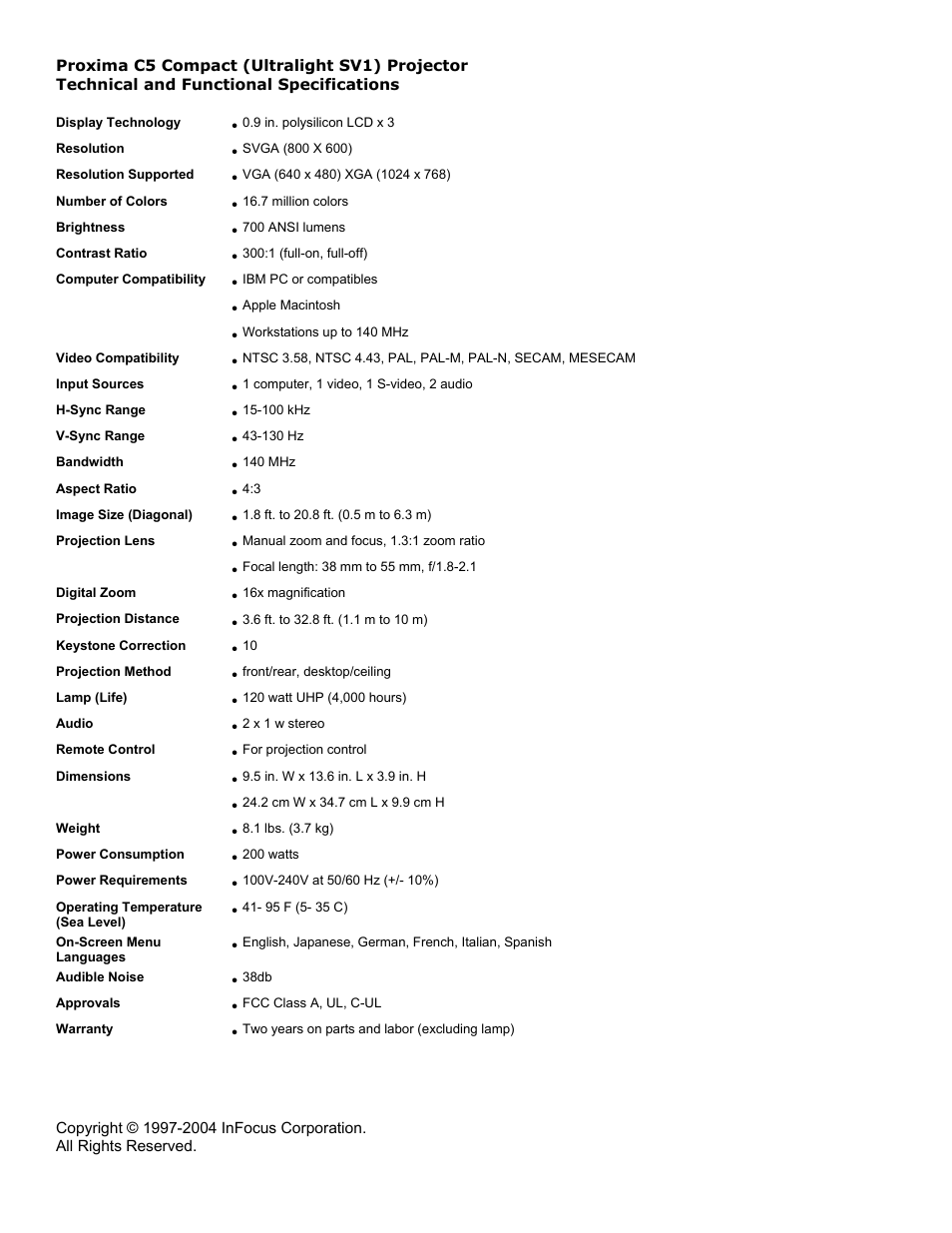 Ask Proxima C5 User Manual | 1 page