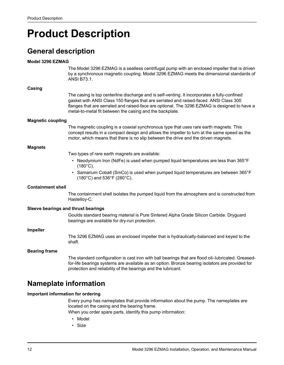 Product description, General description, Nameplate information | General description nameplate information | Goulds Pumps 3296 EZMAG - IOM User Manual | Page 14 / 96