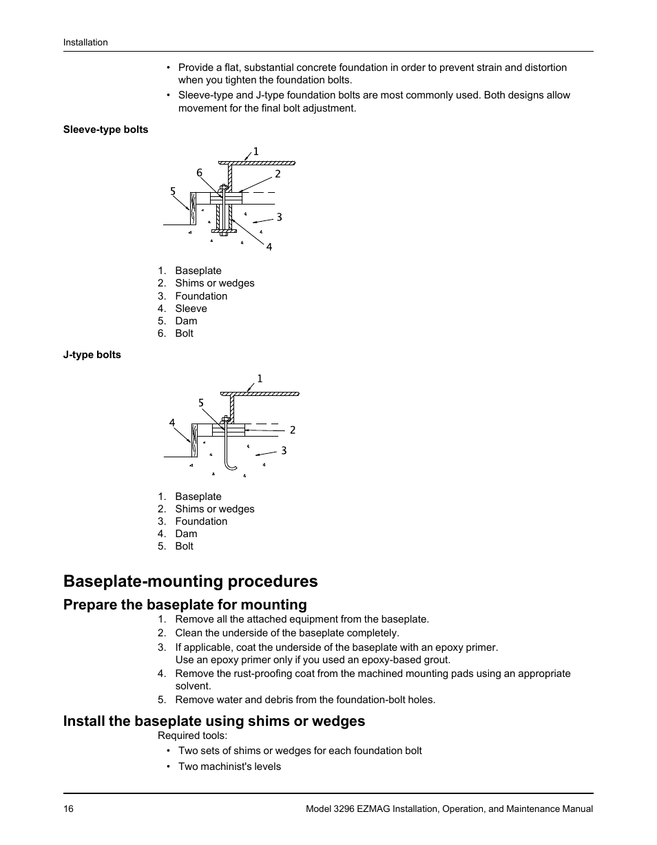 Baseplate-mounting procedures, Prepare the baseplate for mounting, Install the baseplate using shims or wedges | Goulds Pumps 3296 EZMAG - IOM User Manual | Page 18 / 96