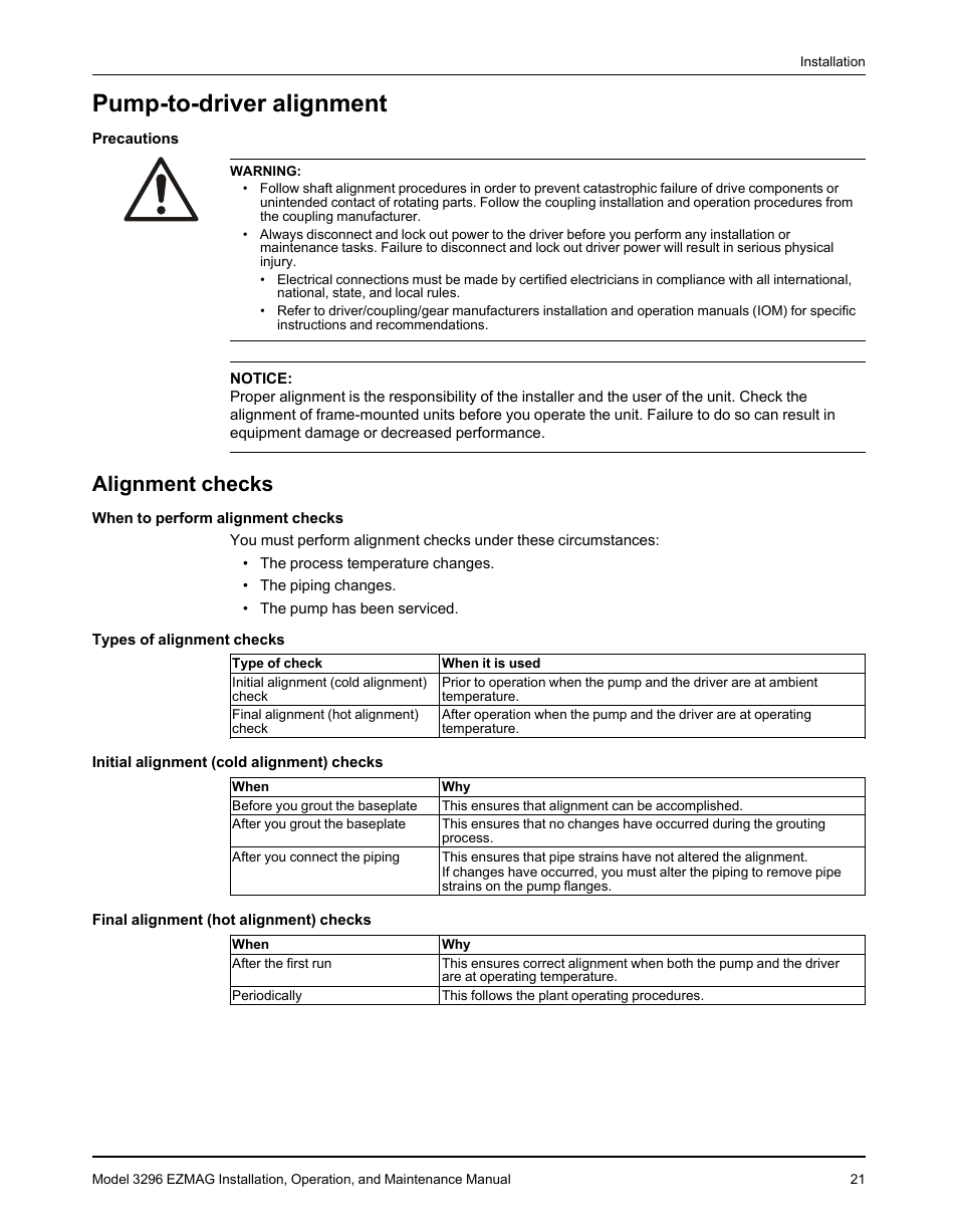 Pump-to-driver alignment, Alignment checks | Goulds Pumps 3296 EZMAG - IOM User Manual | Page 23 / 96