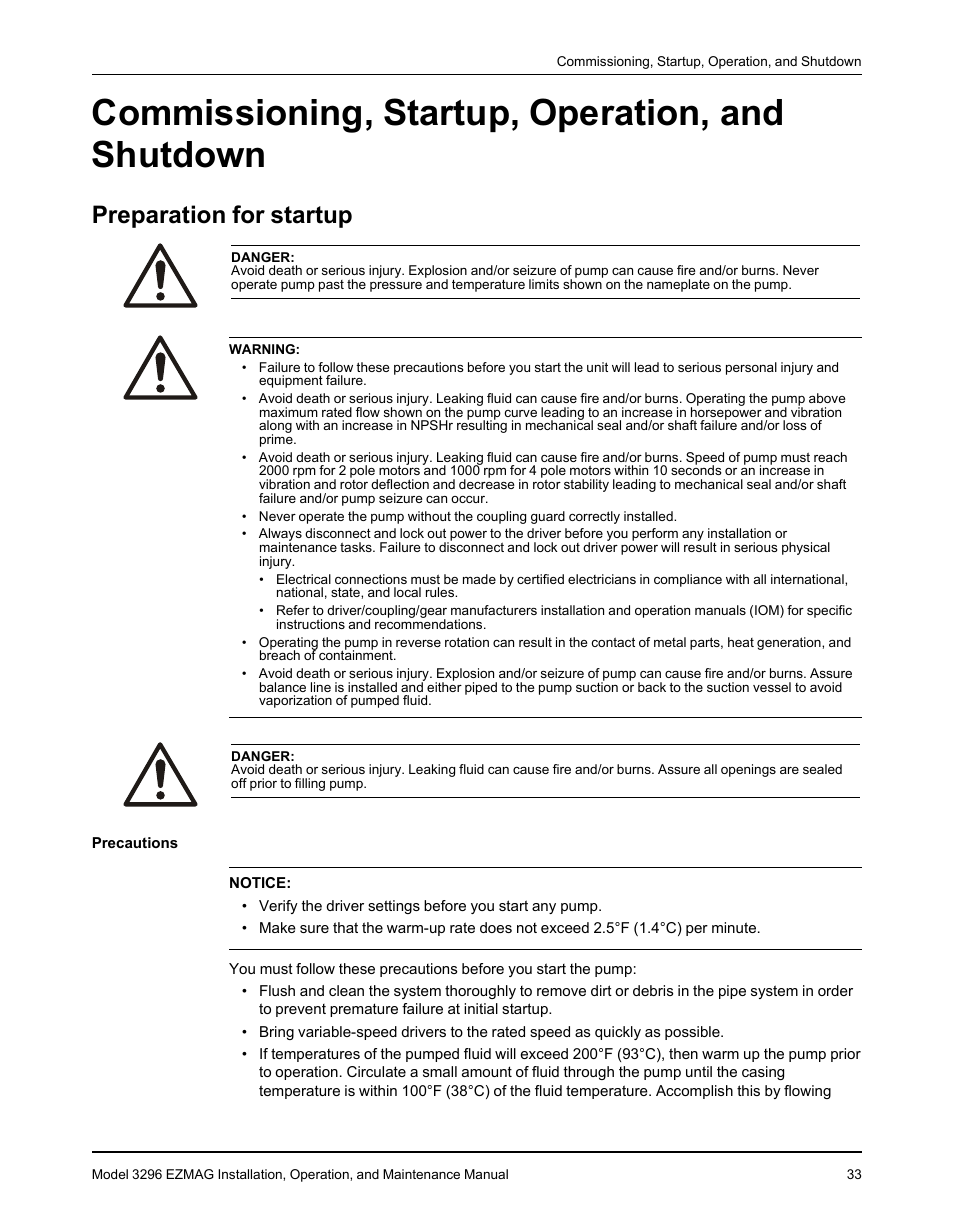 Commissioning, startup, operation, and shutdown, Preparation for startup | Goulds Pumps 3296 EZMAG - IOM User Manual | Page 35 / 96