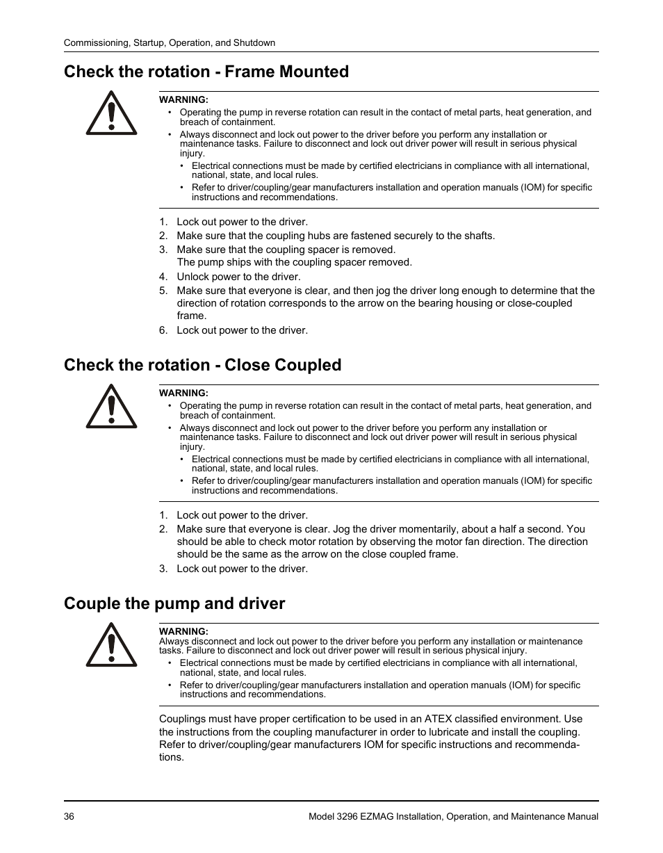 Check the rotation - frame mounted, Check the rotation - close coupled, Couple the pump and driver | Goulds Pumps 3296 EZMAG - IOM User Manual | Page 38 / 96