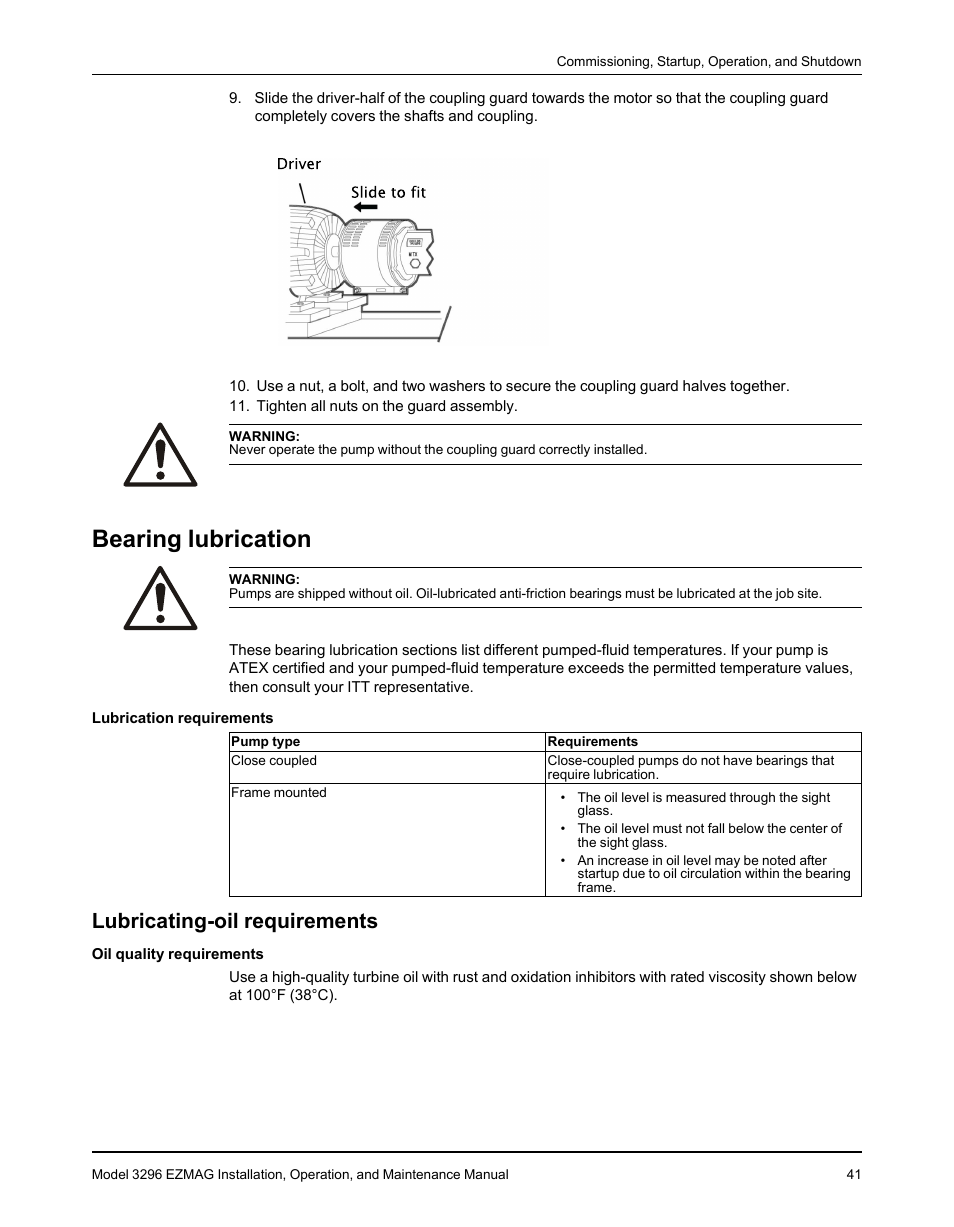 Bearing lubrication, Lubricating-oil requirements | Goulds Pumps 3296 EZMAG - IOM User Manual | Page 43 / 96