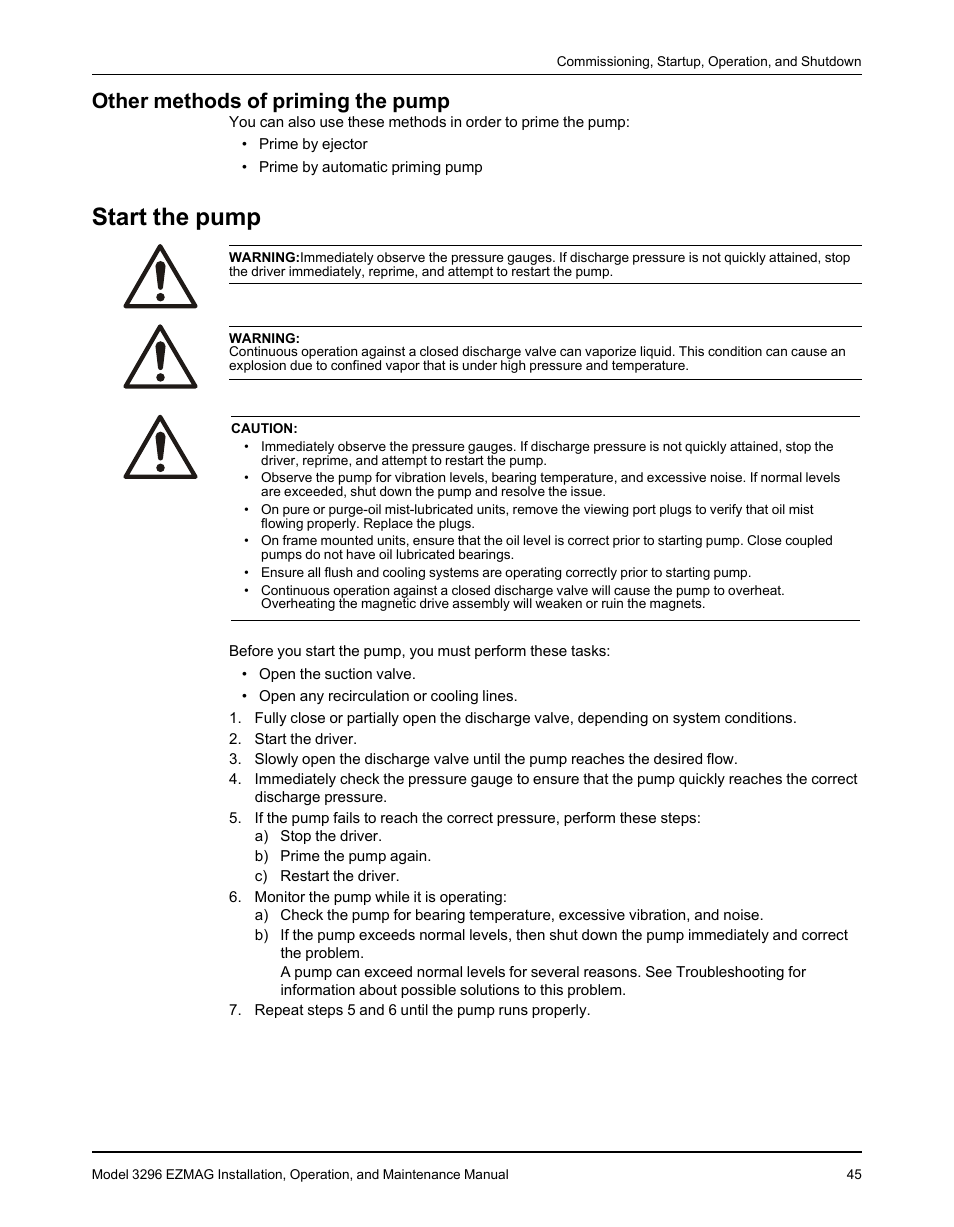 Other methods of priming the pump, Start the pump | Goulds Pumps 3296 EZMAG - IOM User Manual | Page 47 / 96