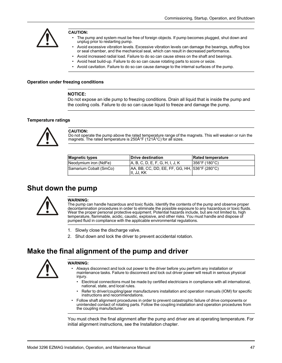 Shut down the pump, Make the final alignment of the pump and driver | Goulds Pumps 3296 EZMAG - IOM User Manual | Page 49 / 96