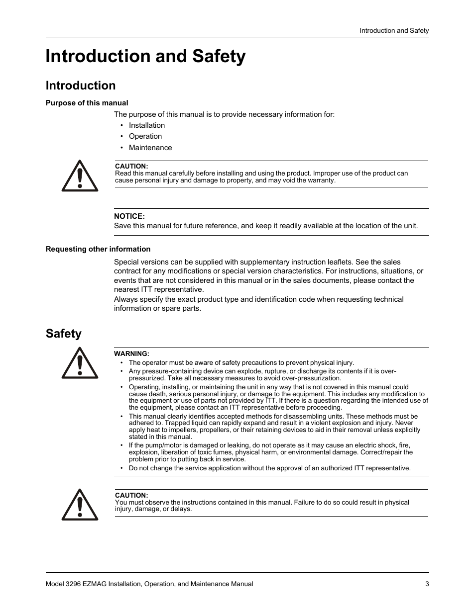 Introduction and safety, Introduction, Safety | Introduction safety | Goulds Pumps 3296 EZMAG - IOM User Manual | Page 5 / 96