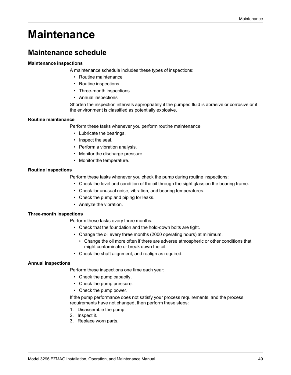 Maintenance, Maintenance schedule | Goulds Pumps 3296 EZMAG - IOM User Manual | Page 51 / 96