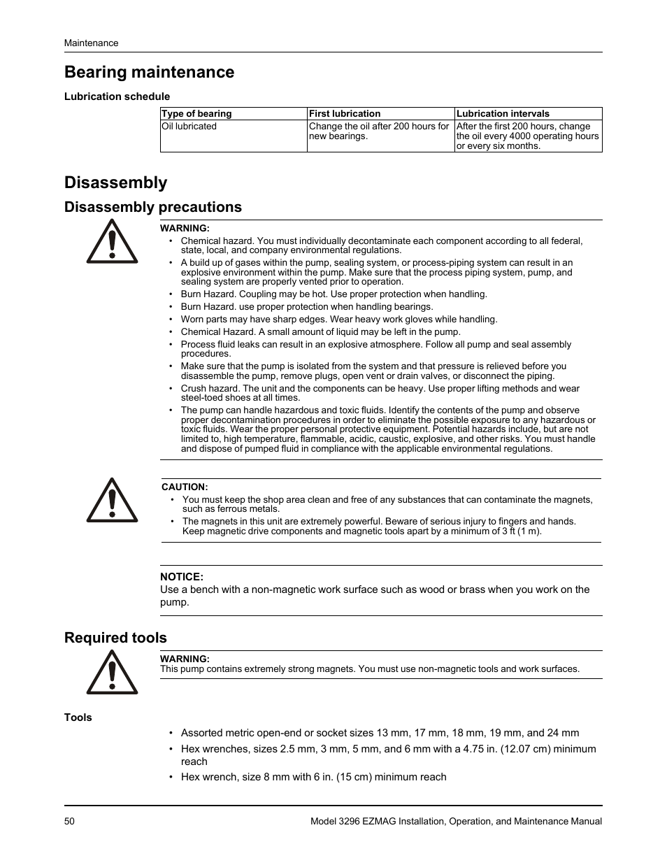 Bearing maintenance, Disassembly, Disassembly precautions | Required tools, Bearing maintenance disassembly, Disassembly precautions required tools | Goulds Pumps 3296 EZMAG - IOM User Manual | Page 52 / 96