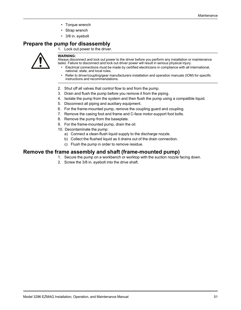 Prepare the pump for disassembly | Goulds Pumps 3296 EZMAG - IOM User Manual | Page 53 / 96