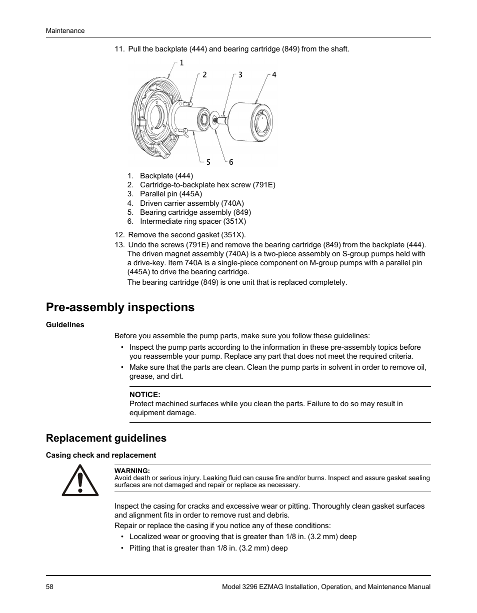 Pre-assembly inspections, Replacement guidelines | Goulds Pumps 3296 EZMAG - IOM User Manual | Page 60 / 96