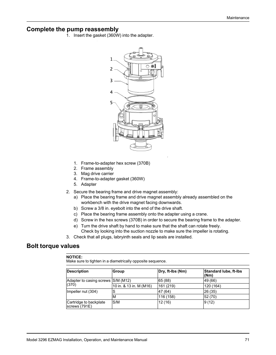 Complete the pump reassembly, Bolt torque values, Complete the pump reassembly bolt torque values | Goulds Pumps 3296 EZMAG - IOM User Manual | Page 73 / 96