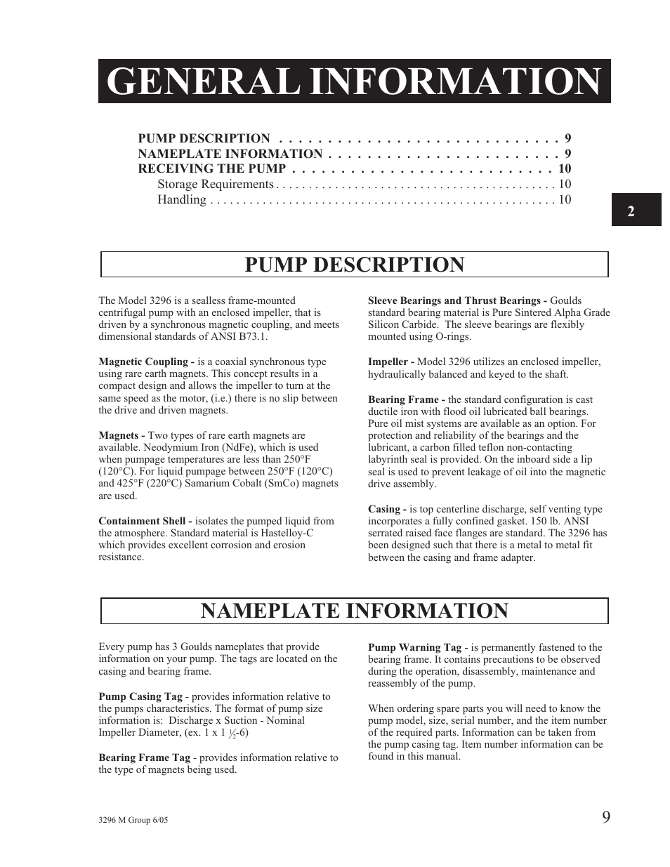 General information, Pump description, Nameplate information | Goulds Pumps 3296M - IOM User Manual | Page 13 / 92