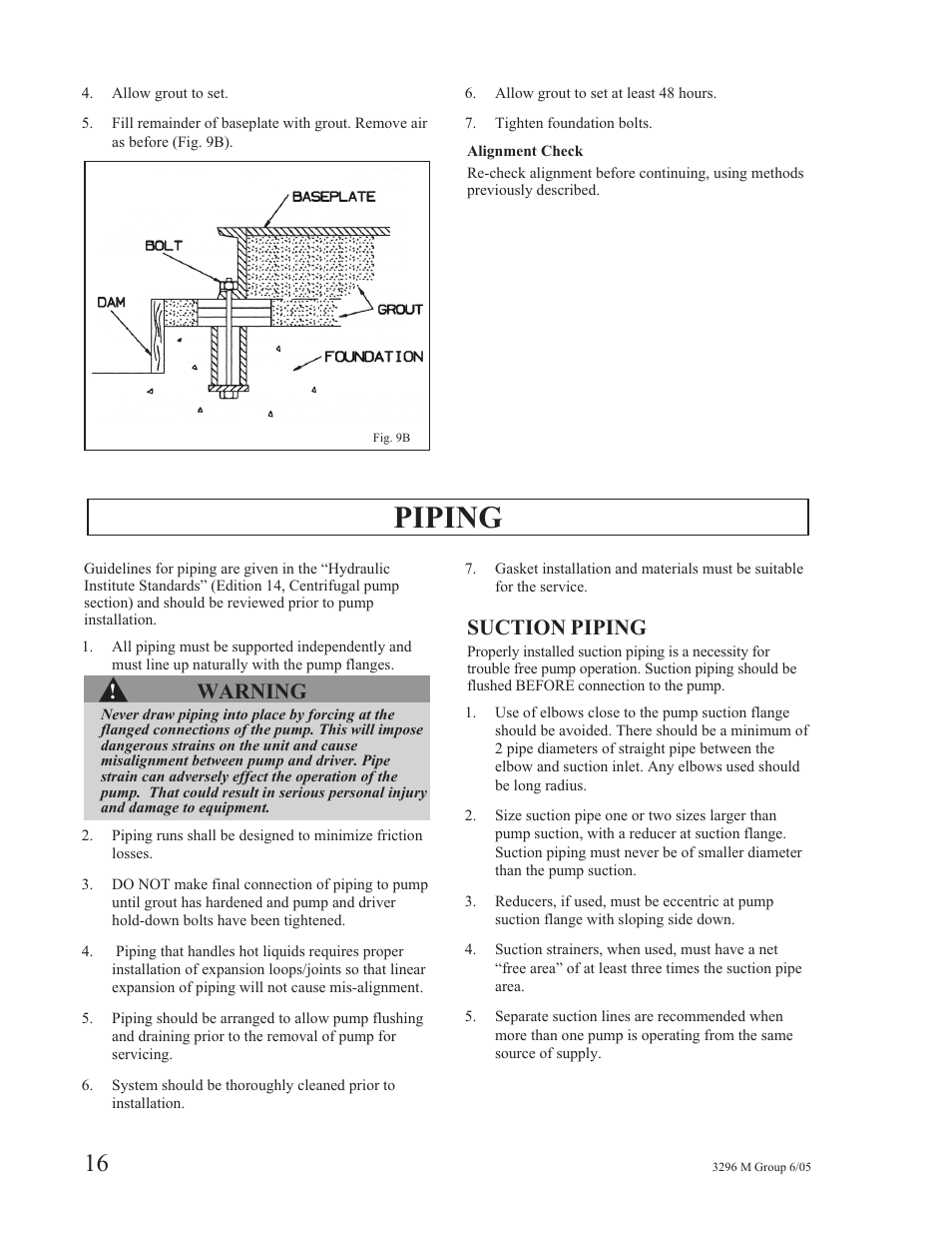 Piping, Warning, Suction piping | Goulds Pumps 3296M - IOM User Manual | Page 20 / 92