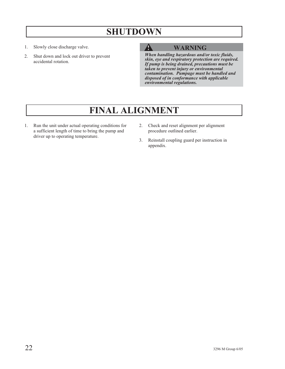 Shutdown, Final alignment | Goulds Pumps 3296M - IOM User Manual | Page 26 / 92