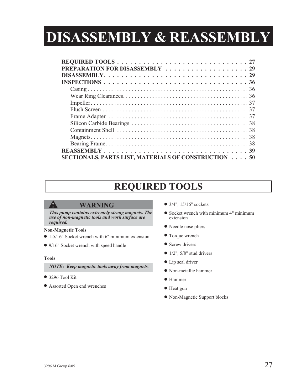 Disassembly & reassembly, Required tools s, Warning | Goulds Pumps 3296M - IOM User Manual | Page 31 / 92