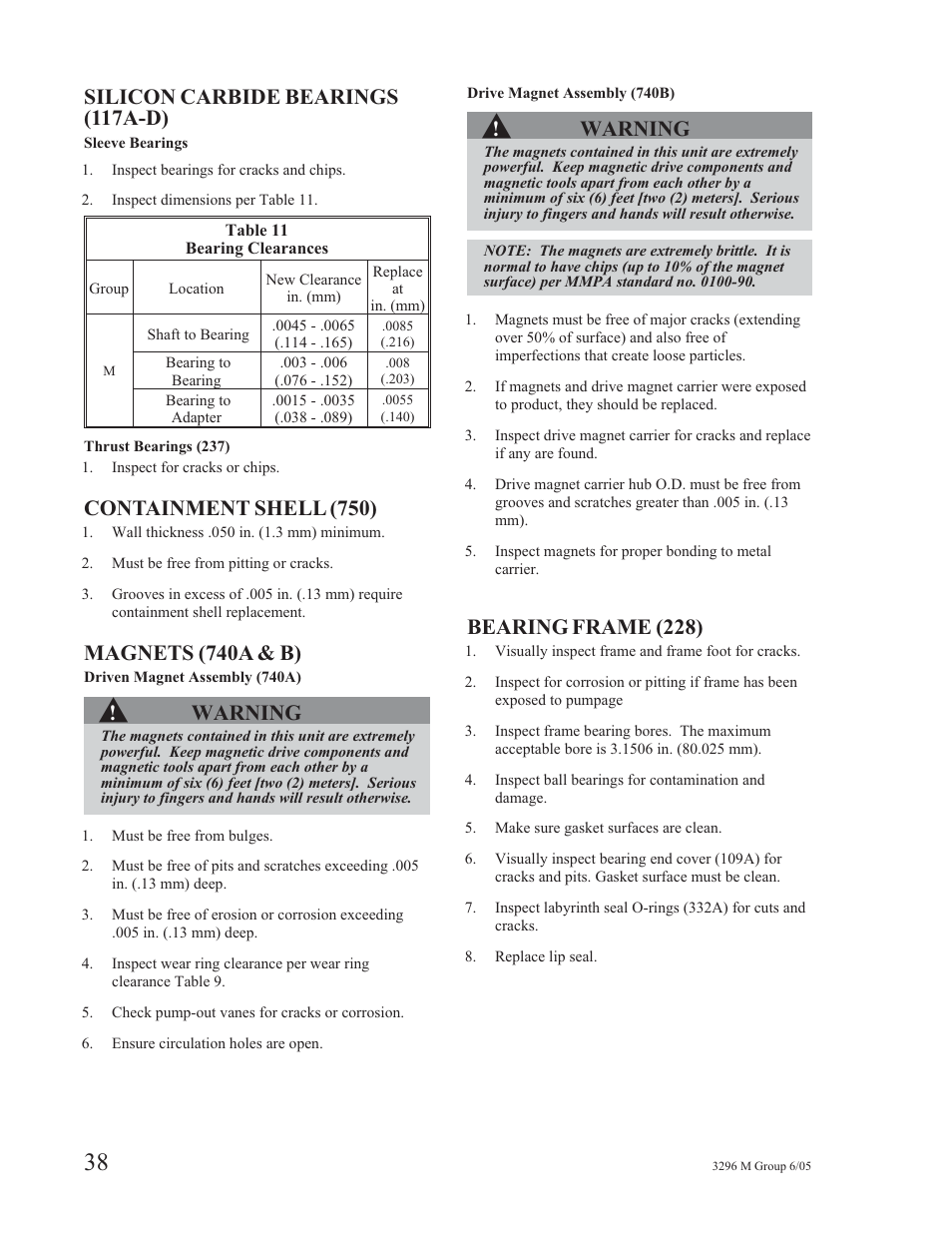 Silicon carbide bearings (117a-d), Containment shell (750), Magnets (740a & b) | Warning, Bearing frame (228) | Goulds Pumps 3296M - IOM User Manual | Page 42 / 92