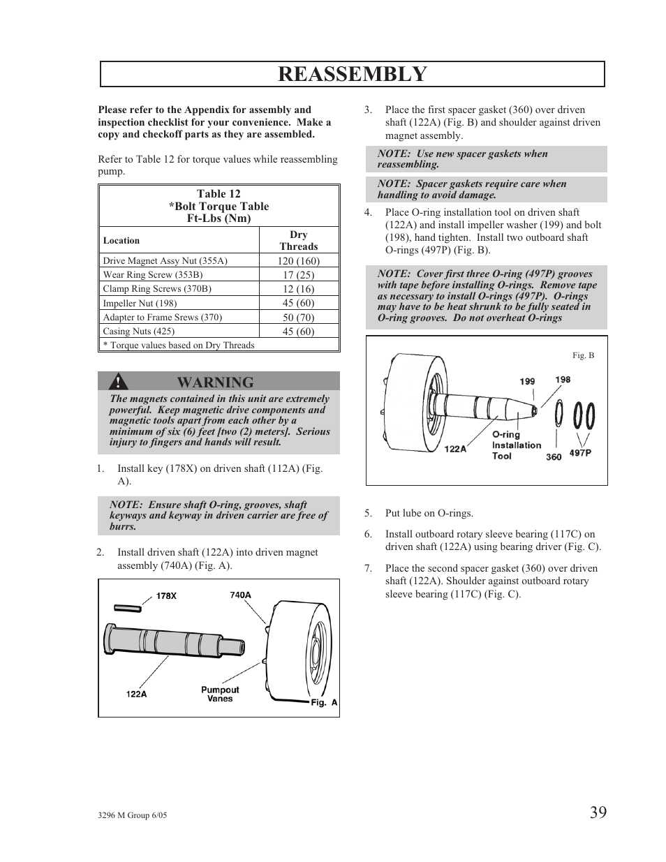 Reassembly, Warning | Goulds Pumps 3296M - IOM User Manual | Page 43 / 92