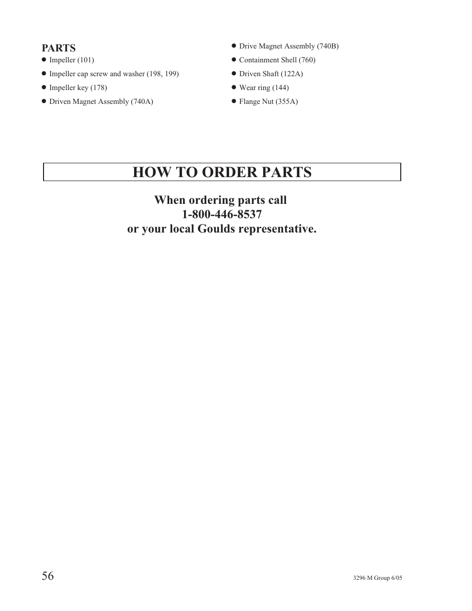 How to order parts, Parts | Goulds Pumps 3296M - IOM User Manual | Page 60 / 92