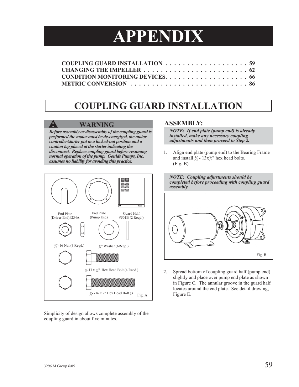 Appendix, Coupling guard installation s, Warning | Assembly | Goulds Pumps 3296M - IOM User Manual | Page 63 / 92