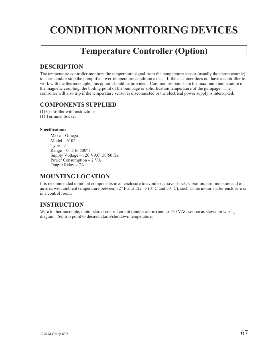 Condition monitoring devices, Temperature controller (option) | Goulds Pumps 3296M - IOM User Manual | Page 71 / 92