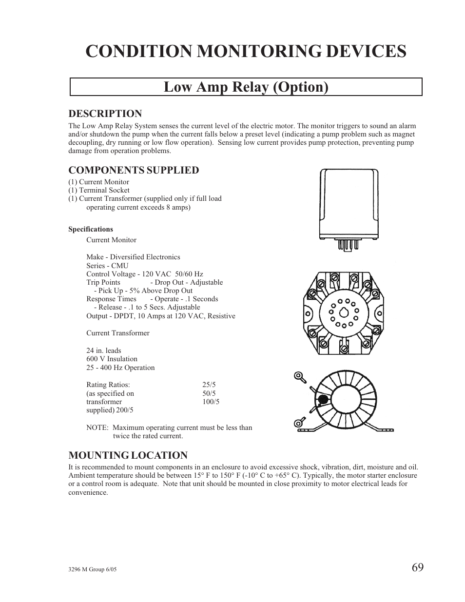 Condition monitoring devices, Low amp relay (option), Description | Components supplied, Mounting location | Goulds Pumps 3296M - IOM User Manual | Page 73 / 92