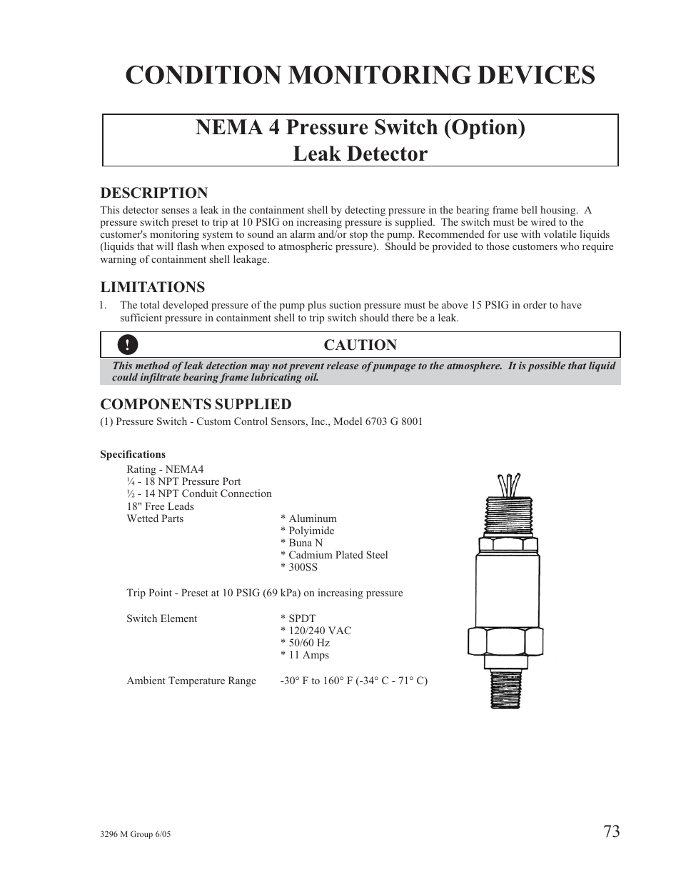 Condition monitoring devices, Nema 4 pressure switch (option) leak detector | Goulds Pumps 3296M - IOM User Manual | Page 77 / 92