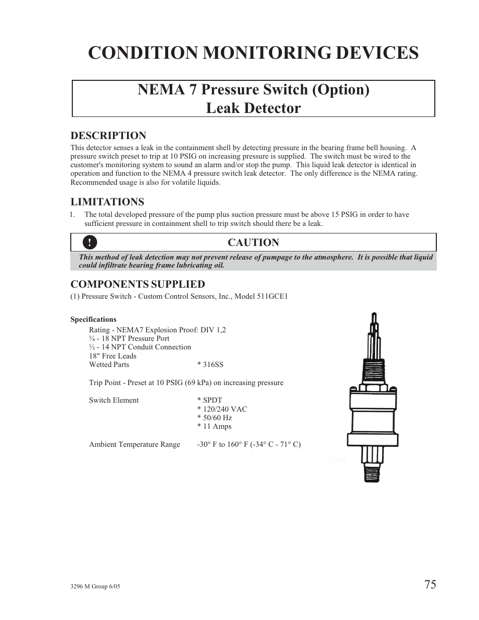 Condition monitoring devices, Nema 7 pressure switch (option) leak detector | Goulds Pumps 3296M - IOM User Manual | Page 79 / 92